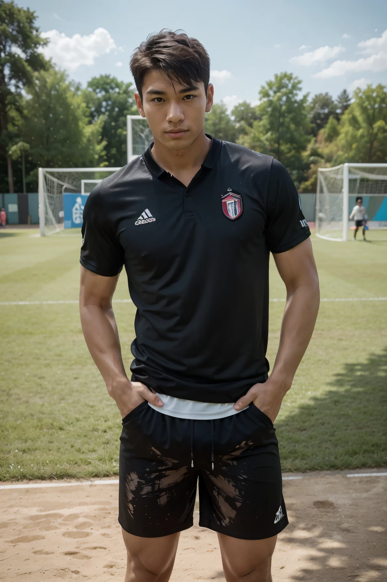 2 Japanese sportsperson guys, 25 years old, football shirt, see-through outfit, JOCKSTRAP Men's Underwear, a short beard, park sharp eyes, football field background