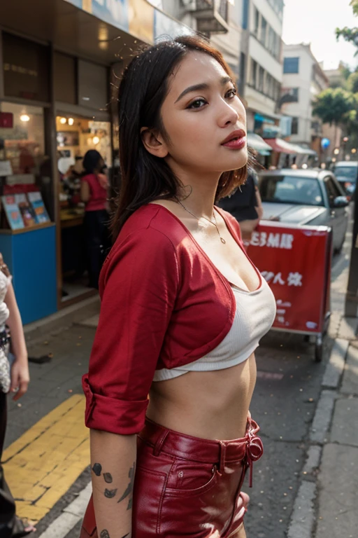 on the streets of Los Angeles, indigenous woman, waist length hair, black hair, red bandana around head, native american, denim jeans, red tupe top