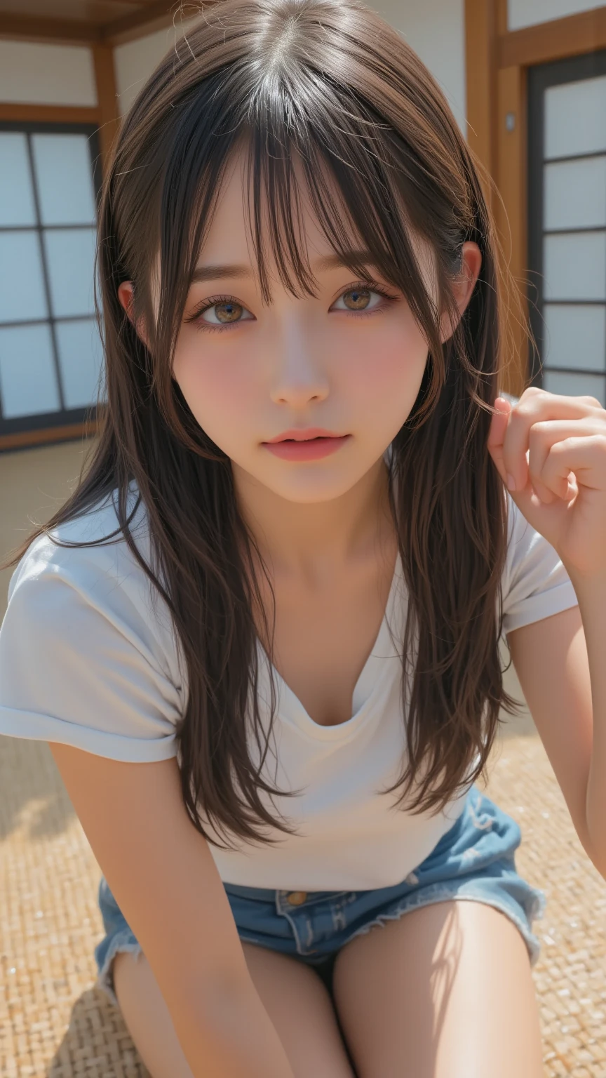 (1 nogizaka girl,raw photo,photo realistic:1.5),(best quality, high quality,HDR, highest quality,ultra high resolution,high resolution,high res,ultra high difinition,huge file size,8K,2K wallpaper,8K wallpaper,high quality texture,amazing,an extremely delicate:1.4),one girl, Japanese famous idol,beautiful face,small face,absurd,ridiculous,incredibly ridiculous,blurry background,(T-shirt,cleavage,no makeup:1.2),medium skin,beautiful skin,detailed skin,black hair,silky hair,(Japanese eyes:1.3),detailed eyes,black eyes,Japanese idol eyes,triangle eyes,Japanese nose,5-fingers,(Light Particles, Lens Flare, Luminous Particles: 0.7),looking at viewer,bright lighting,professional lighting,girl