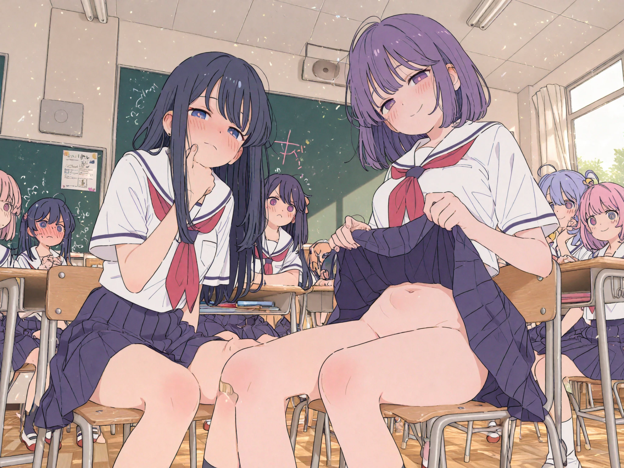 A 33-year-old female teacher and 12-year-old girls、Be surrounded by crowds、In the middle of taking off your underwear、Frightened expression、blush、More than one person、classroom、Pubic hair is visible