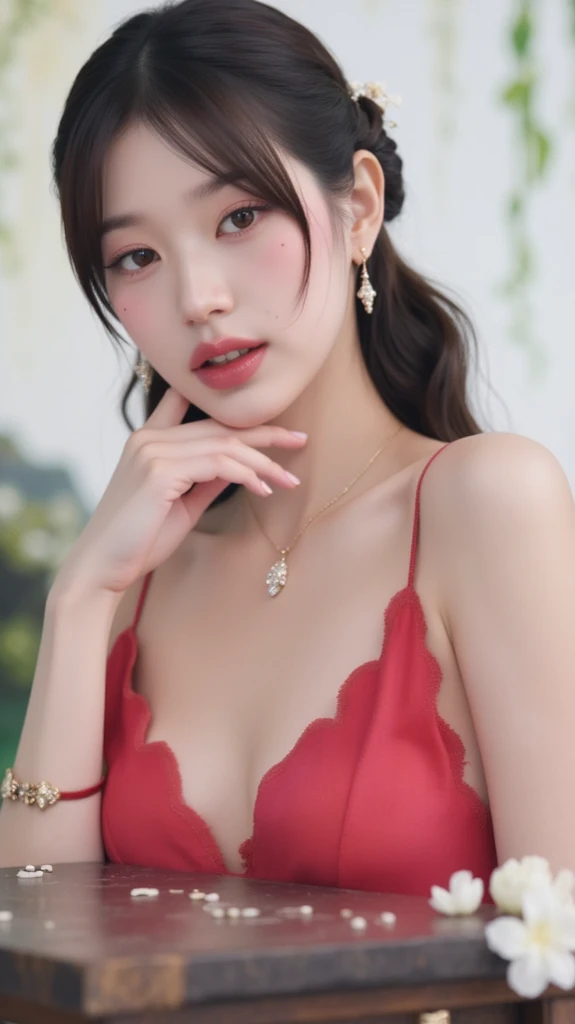 (Masterpiece, BestQuality:1.3), (ultra detailed:1.2), (hyperrealistic:1.3), (RAW photo:1.2),High detail RAW color photo, professional photograph, (Photorealistic:1.4), (realistic:1.4), ,professional lighting, (japanese), beautiful face, (realistic face), cute woman, (Brown Hair, Big Tits:1.5), (cheerful Smile:1.5), Trending Hair&Trending Hairカラーをランダムに, sexly, erotic sexly, Random sexy gravure poses, (red evening gown、Ruby Earrings、The background is a marble hall、Walk gracefully while emphasizing your bust。:1.3)
