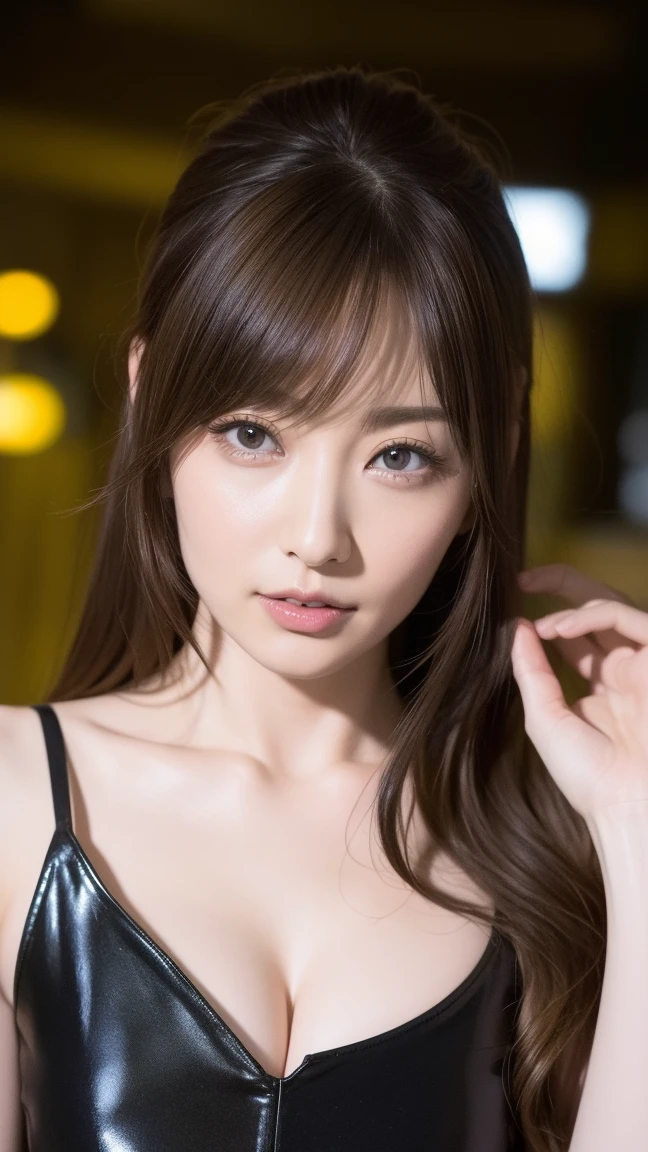 1 japanese girl, (full shot), (naked, full nude), (Raw photo, Best Quality), (Realistic, Photorealsitic:1.4), masutepiece, extremely delicate and beautiful, Extremely detailed, 8k wallpaper, amazing, finely detail, extremely detailed CG Unity, hight resolution, Soft light, Beautiful detailed 19 year old, extremely detailed eye and face, beautiful detailed nose, Beautiful detailed eyes,Cinematic lighting,city light at night,Perfect Anatomy,Slender body,Smiling (hair messy, asymmetrical bangs, light brown hair,)