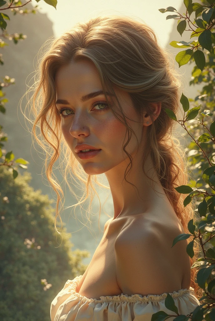 portrait Piper Perabo, wearing nude bee costume, against the background of the garden, character portrait, 3 9 9 0 s, long hair, intricate, elegant, highly detailed, digital painting, artstation, concept art, smooth, sharp focus, illustration, art by wlop, charlie bowater and alexandra fomina, 36 k