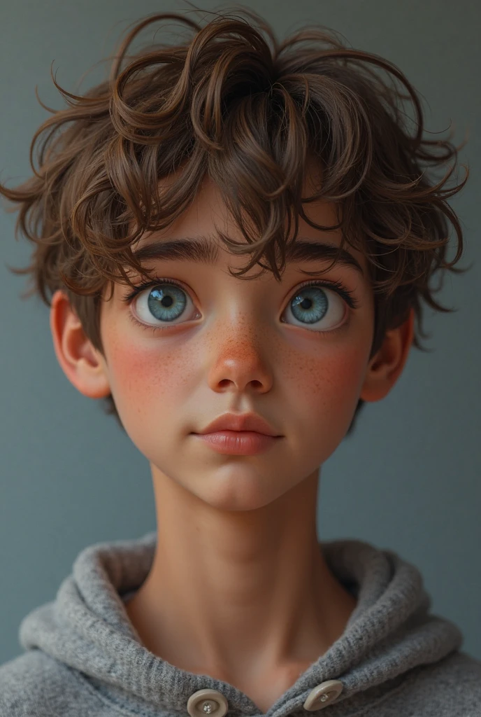a 2 boy with gray hair, flat nose, medium mouth, drooping eyes, low self-esteem, medium eyebrows and a half smile, bearded skin color