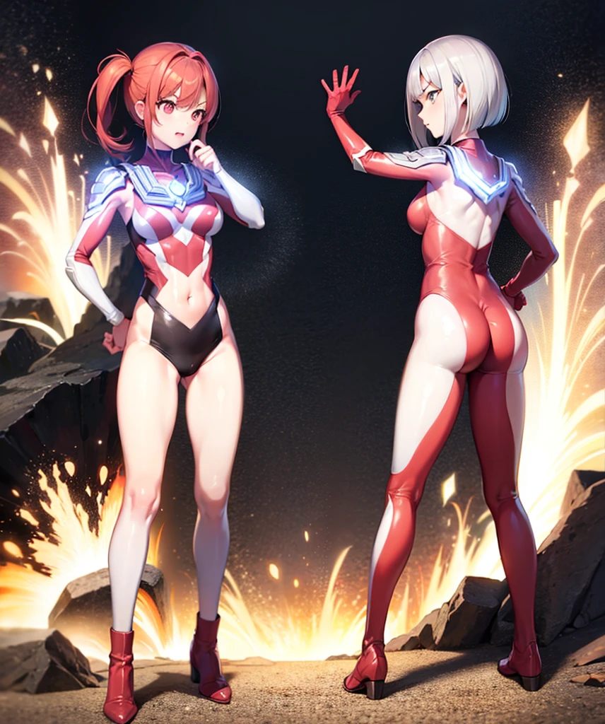 Close-up,highest quality, ultra detail, High quality CG drawing, The most delicate and beautiful, Floating gently, High resolution, (1 girl), (Highest image quality,4K,8K,masterpiece:1.2),(all red hair:1.5),(short bob:1.5),bangs bangs,(red eyes:1.5), (ultra girl :1.0), (silver and red ultraman bodysuit:1.4),slightly bigger breasts,Upper body,(clenched fist:1.2),(put both hands on hips:1.2),(Turn your back to your audience:1.3)