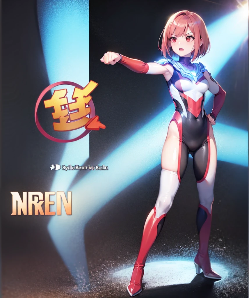 red haired woman,red hair,short bob,Braided hair,red eyes, (Ultra Girl :1.0), silver and red ultraman bodysuit,big breasts,Put your hands on your hips,fist,Turn your back to your audience,back view,butt
