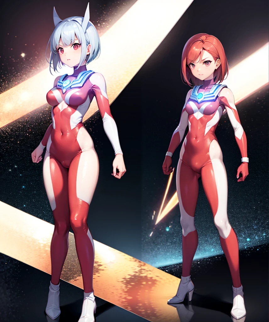 one person,red haired woman,bright red hair,short bob,red eyes, (Ultra Girl :1.0), silver and red ultraman bodysuit,big breasts,Put your hands on your hips,fist,Turn your back to your audience,back view,butt