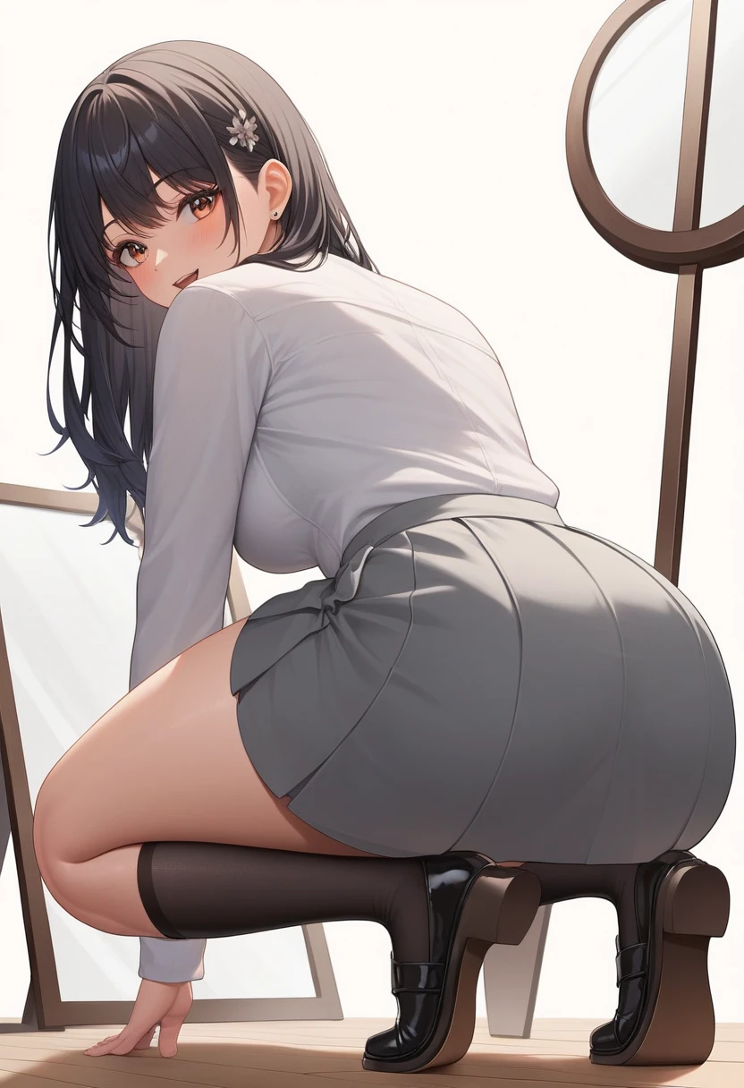 picture-perfect face, flawless, clean, masterpiece, professional artwork, 1girl, famous artwork, cinematic lighting, cinematic bloom, perfect face, beautiful face, beautiful eyes, ((perfect female body, narrow waist)), female, bent over desk, red long dress, black stockings, focus legs, wide hips, big ass, milf, short black hair