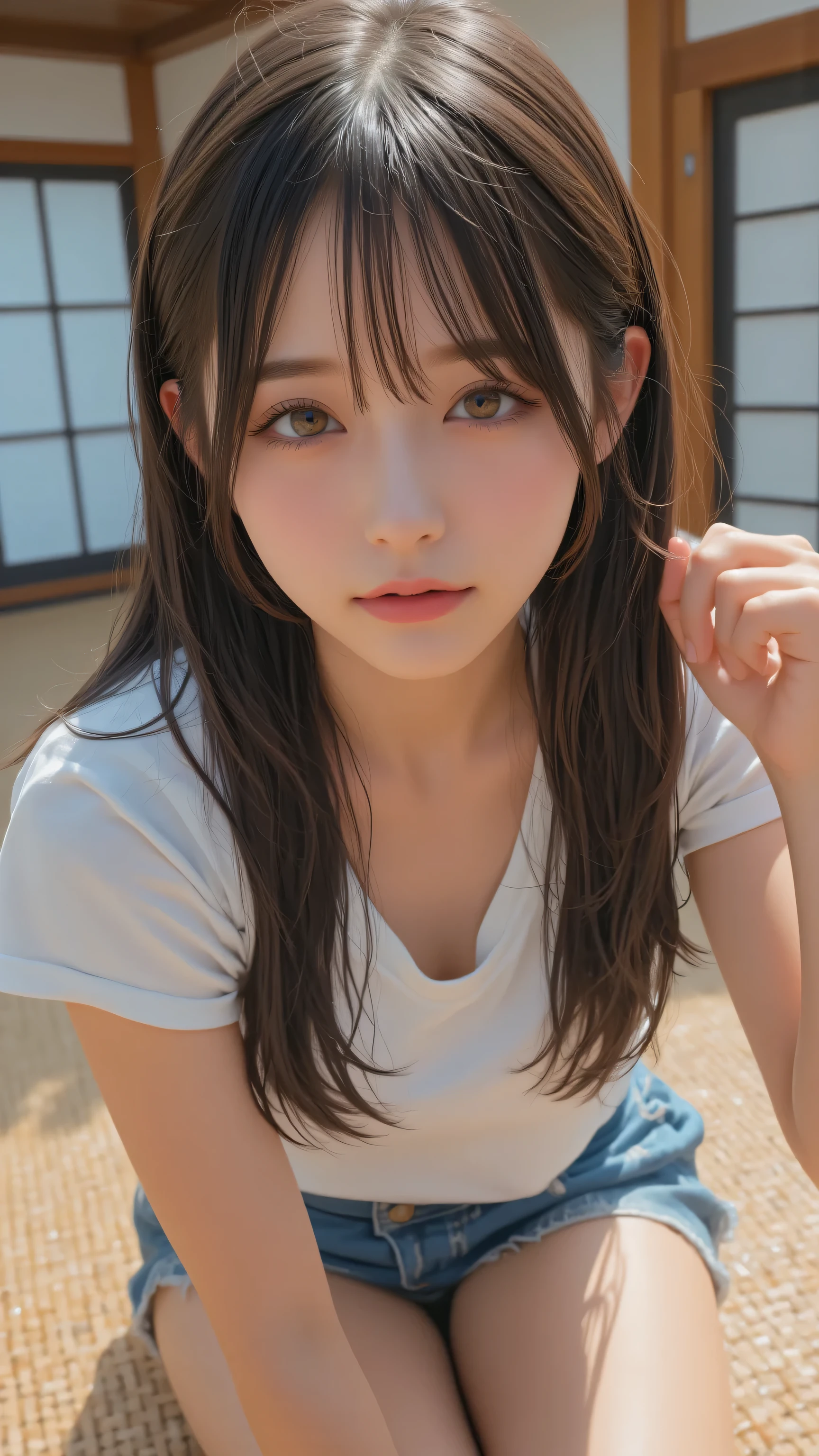 High Quality,girls,Short sleeve,shorts,Summer vacation,Tatami room,old folk house,beautiful woman,4k,high quality, Transparent Woman ,Korean Idols,relaxed