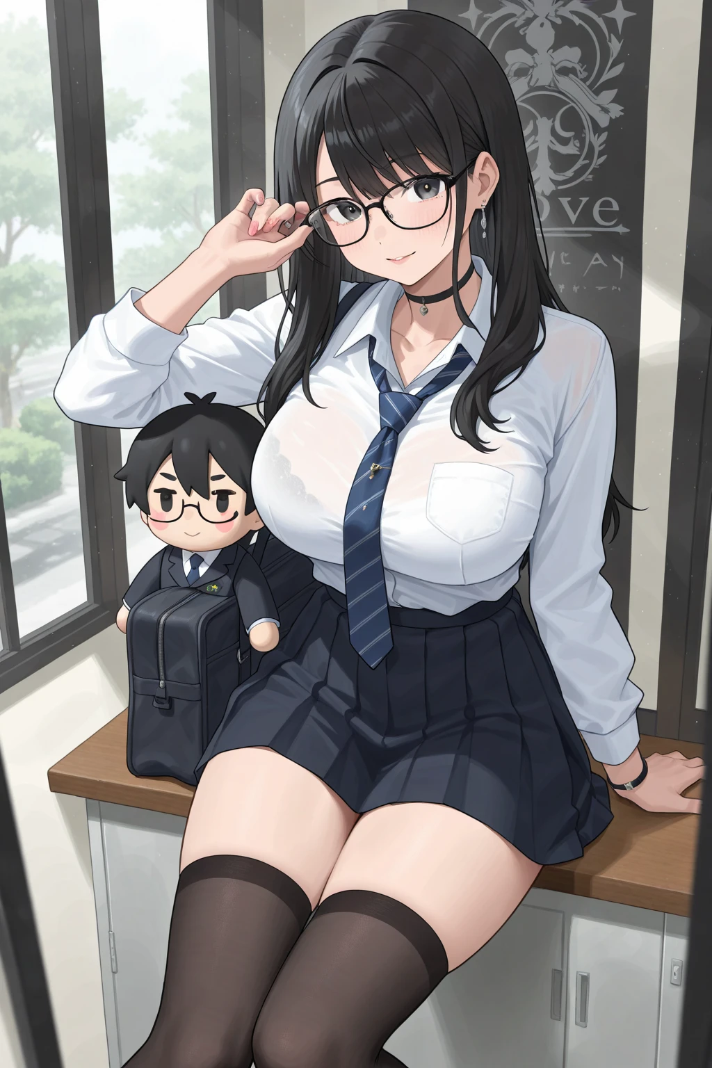 日本人 Mature Woman, (alone), 50 years old, (Wrinkles around the eyes:1.2), Large Breasts, Mature Woman, Glamour, Sexy, View your viewers、Oversized breasts、Plump、Public place、、50 years oldの成熟した大人の女性、Men holding penises and surrounding a girl、Teasing Smile、、From the penis、In the park、女の子のためのBukkake、、むっちりMature Woman、Blowjob、 a boy is grabbing girl’s breasts from behind、Ahegao、Ahegao）、Plump、Mature Woman、Glasses、Voluptuous、（Bukkake）fellatio, How、Big Tits、Thick thighs、Big Butt、Saggy breasts、 
(bank plate, black skirt, bow, long sleeves, pantyhose, blue shirt, skirt, vest:1.1)bank clerklarge breast,(button gap:1.3)：Big Breasts＋Button clothing

(large breasts:1.3), busty：Big Breasts化
narrow shoulder：Narrow shoulders
(impossible sweater:1.05)：Unreasonable sweater puffy nipples:Plump（Protruding）Nipples