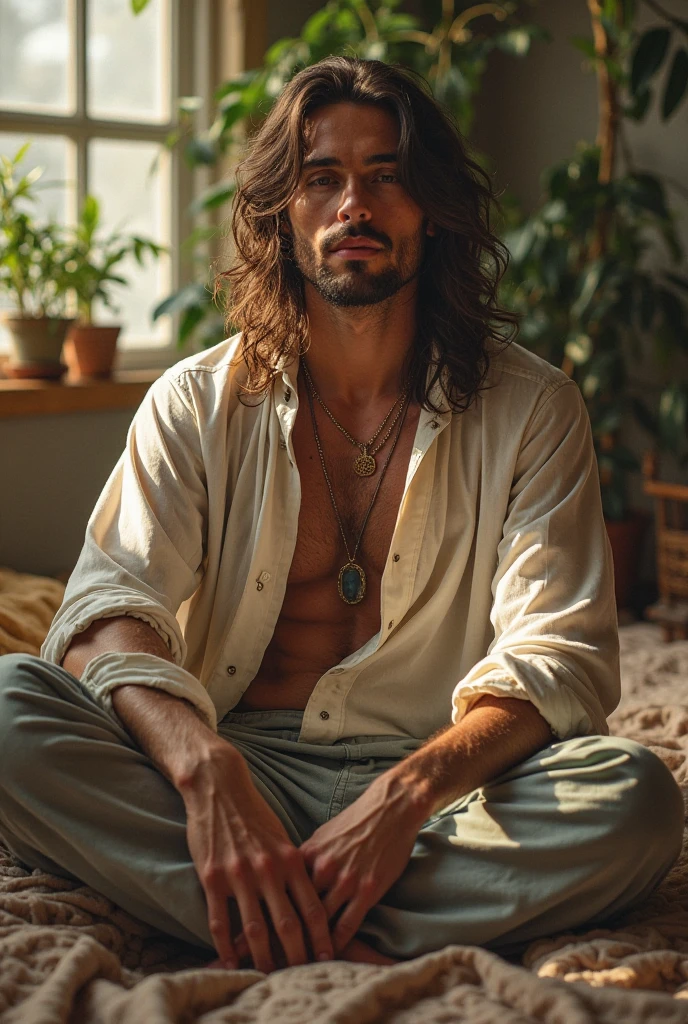 (photorealism:1.2), beautiful man



, sitting on bike wearing loose off-shoulder top, pajama pants, long curly hair, indoors, soft lighting, plants in background, window with sunlight, cozy room, relaxed pose, realistic, intricate details, warm colors, by Greg Rutkowski, by Alphonse Mucha