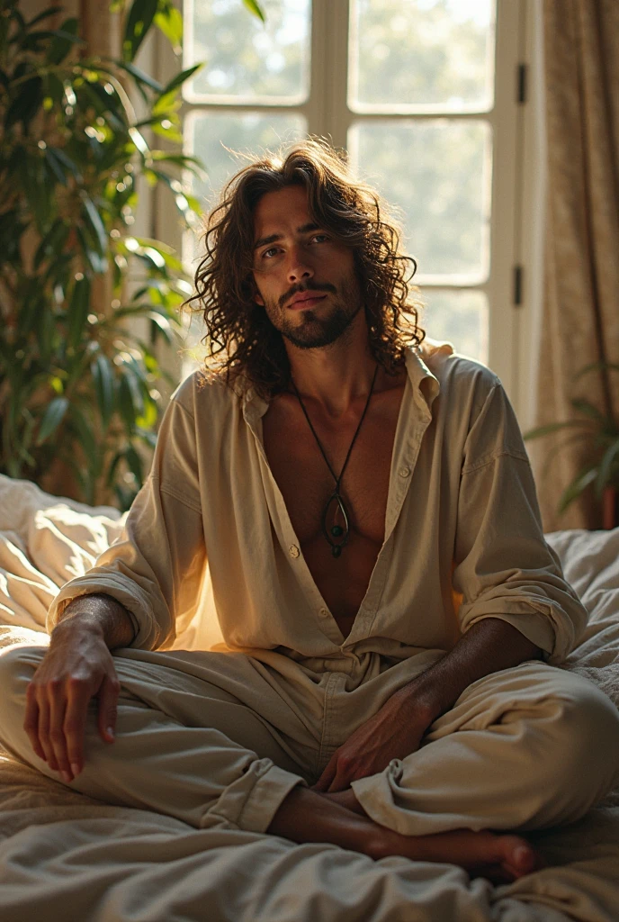 (photorealism:1.2), handsome Krishna load, sitting on bed, wearing loose off-shoulder top, pajama pants, long curly hair, indoors, soft lighting, plants in background, window with sunlight, cozy room, relaxed pose, realistic, intricate details, warm colors, by Greg Rutkowski, by Alphonse Mucha
