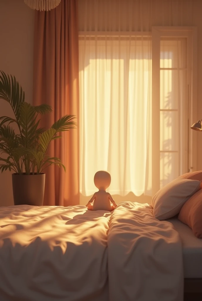 ((High definition, Masterpiece, 8k, Digital Photography, Digital Art)), ((Natural illumination)), contrast, white illumination, ((A tiny man sitted on a large bed)), ((A large pillow behind))