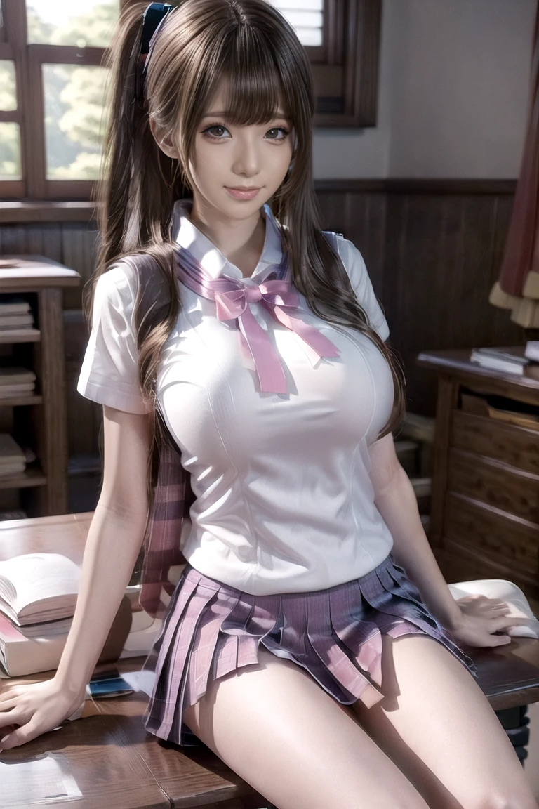 (((Medium Hair))), best qualtiy, 8K, nffsw, hight resolution, absurderes:1.2, blur backgroun, Background bokeh:1.2, photography of, (Raw photo:1.2), (真实感:1.4), (masutepiece:1.3), (intricate-detail {Ikko:1.2), 1girll, 独奏, japanaese girl, delicated, Beautiful detailed, (Detailed eyes), (detailed facial features), Big transparent nipples, (((Large breasts))), Transparent nipples, (up looking_で_peeping at the viewer), from a_front, (being thin),(best qualtiy:1.4),(超A high resolution:1.2),Cinematic Light Lamp Light,(Extremely detailed illustration),(Gloss on lips,best qualtiy,超A high resolution,depth of fields,Caustics,Wide range of illumination,Natural Shadow,85 mm, F/1.4, ISO 200, 1/160s:0.75),1girll, Solo, (((Silk Vest))) Smile, ((Silk Garment,pleatedskirt,Classroom))