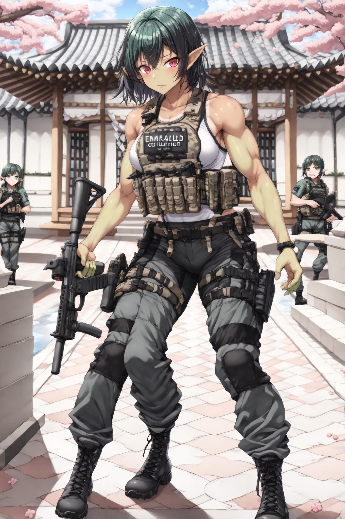 vest and panty,naked,serious,sexy pose,military,desert.Cammo,Sun,hot,guerrilla,tropical,wetting,leona from the king of fighters.