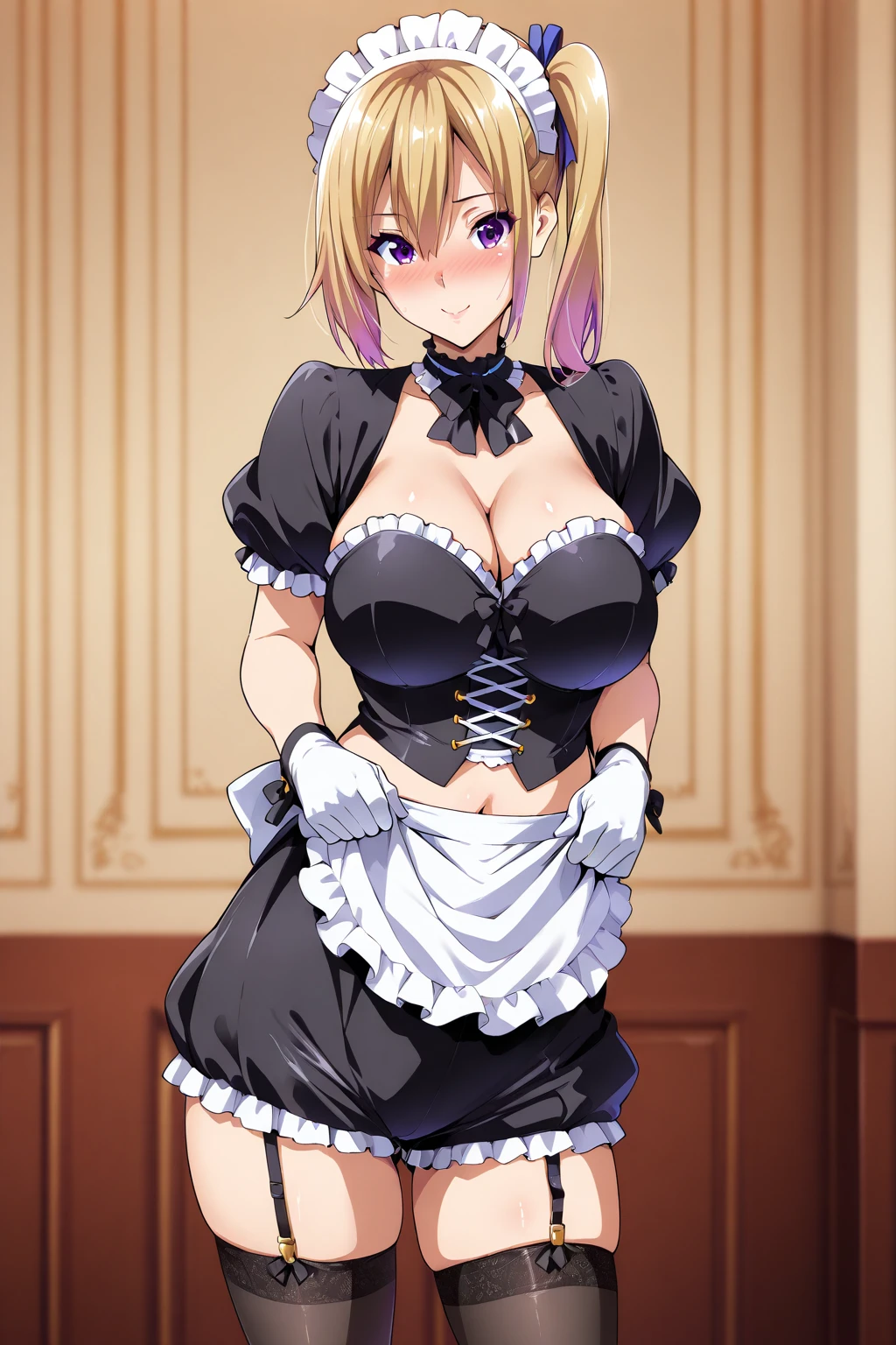 score_9, score_8_up, score_7_up, source_anime, rating:general, masterpiece, best quality, 1girl, leaning forward, smile, bangs, breasts, maid headdress, maid, frills, latex dress, shinny, black dress, detached collar, puffy short sleeves, wrist cuffs, apron, white thighhighs, wavy short hair, blonde hair, looking at viewer,