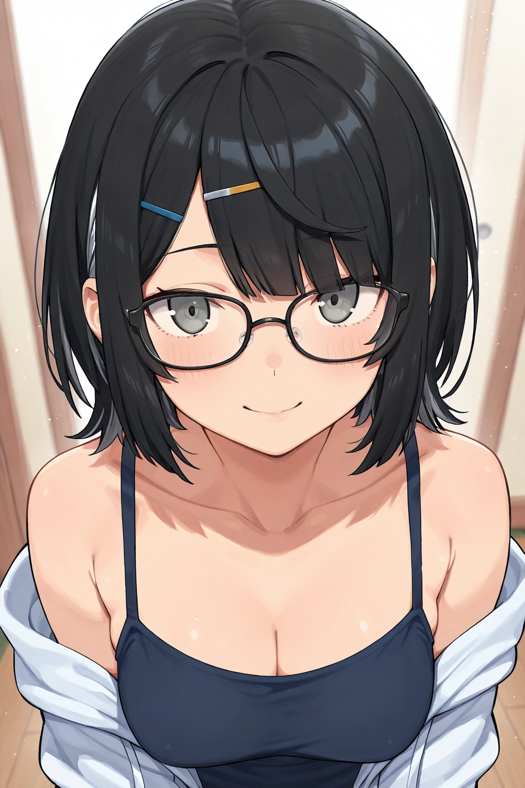 16 years old　Completely naked　Small breasts　Transparent nipples　Pale pink nipples　Small areola, medium bob　Even bangs　Black Hair　Straight Hair　Tilt your head　Large square black-rimmed glasses　Gentle Eyes　smile　Embarrassed　Feverish face　Blushing　Red nose　Blush all over face　Outdoor　field　Ocean　From the thigh up