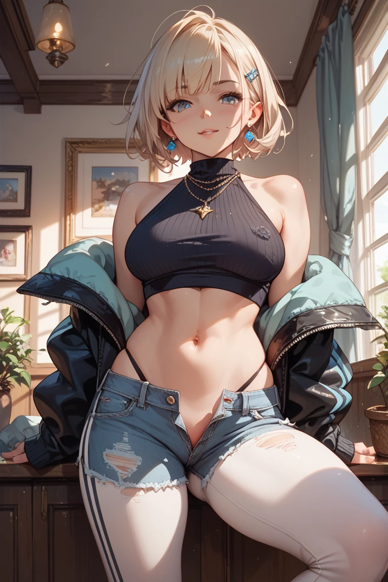 Top quality, incredibly beautiful, very delicate 8k wallpaper, Transcendently Beautiful Girl, masterpiece face, (masterpiece eyes:1.5), (pixie cut hair:1.3), (blonde hair, short shaved sides, very short back, very short side, under cut, side cut:1.3), (long eyelashes, red lips), (deep skin, dark skin:1.5), bare_legs, choker, piercing, (jacket with white fur:1.1), half ???????, tank top, denim shorts, Flat_Chest, Huge_breasts, wide_lower back, (five fingers, 4fingers and 1thumb), sitting,
