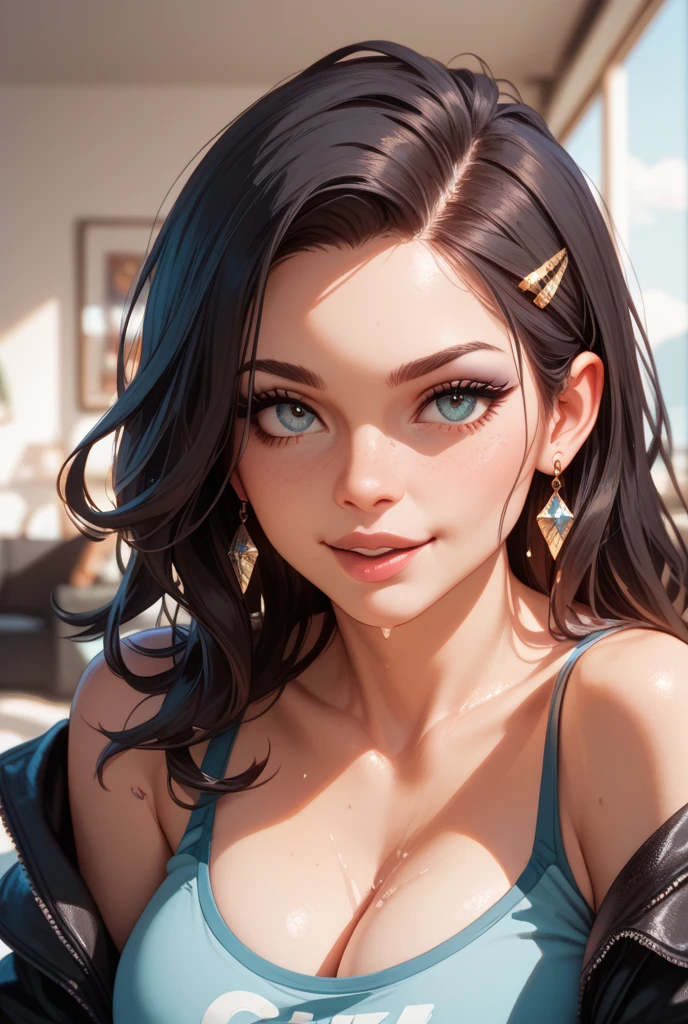 (masterpiece:1.2), (best quality), (ultra detailed), (8k, 4k, intricate),(full-body-shot:1), (highly detailed:1.2),(detailed face:1.2), (detailed background),detailed landscape, ((portrait)), (dynamic pose:1.2) auntcass, 1girl, solo, breasts, looking at viewer, short hair, brown hair, shirt, navel, jewelry, medium breasts, shorts, midriff, necklace, lips, denim, green shirt