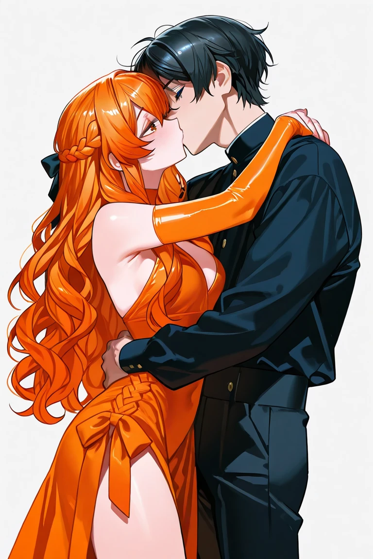 A girl with long blue hair, rough in appearance, high,A high boy with messy black hair and high intimidating appearance, Both smiling and in the middle of them they hug and look lasciviously at a beautiful girl with orange hair,blush.All of them look adult and attractive..
