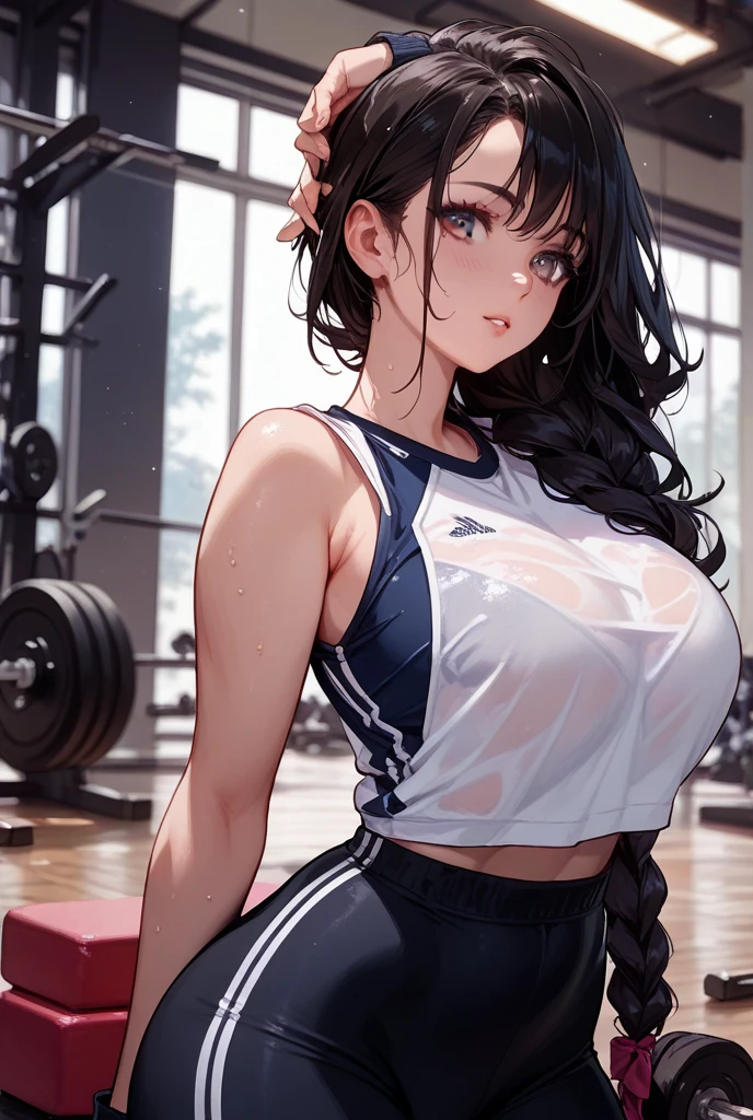 masterpiece, high resolution, beautiful woman, Korean Beauty, 30 years old, tight sports long sleeve, tight yoga pants, beautiful woman, training room, looking at me, (high resolution face), (high resolution eyes), (high quality eyes), black hair, purple eyes, little curvy