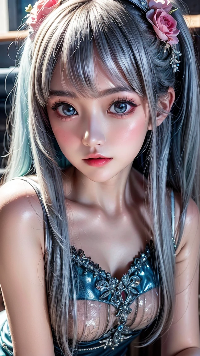 (masterpiece), Highest quality, Expressive eyes, Perfect Face, View your viewers, One girl, alone, Mature Woman, Sleeveless dress, Dress Ribbons, Bare shoulders, Removable sleeves, blue eyes, Blue Hair, Long Hair, hair ornaments, Hair Ring, シングルHair Ring, Medium chest, ((Field)), null, Aqua