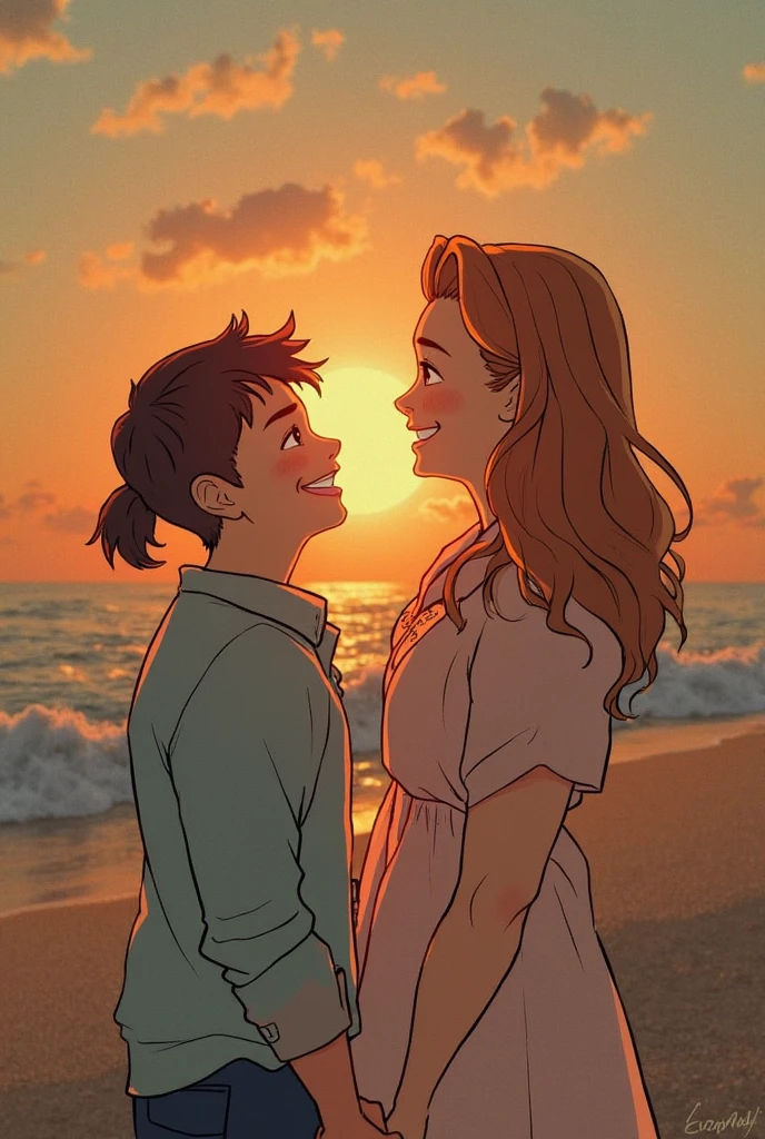jhyd_style, a young man and a young woman,kissing, on the beach, clean lines, digital illustration, manga style,high-quality,minimalistic style, clear complexion