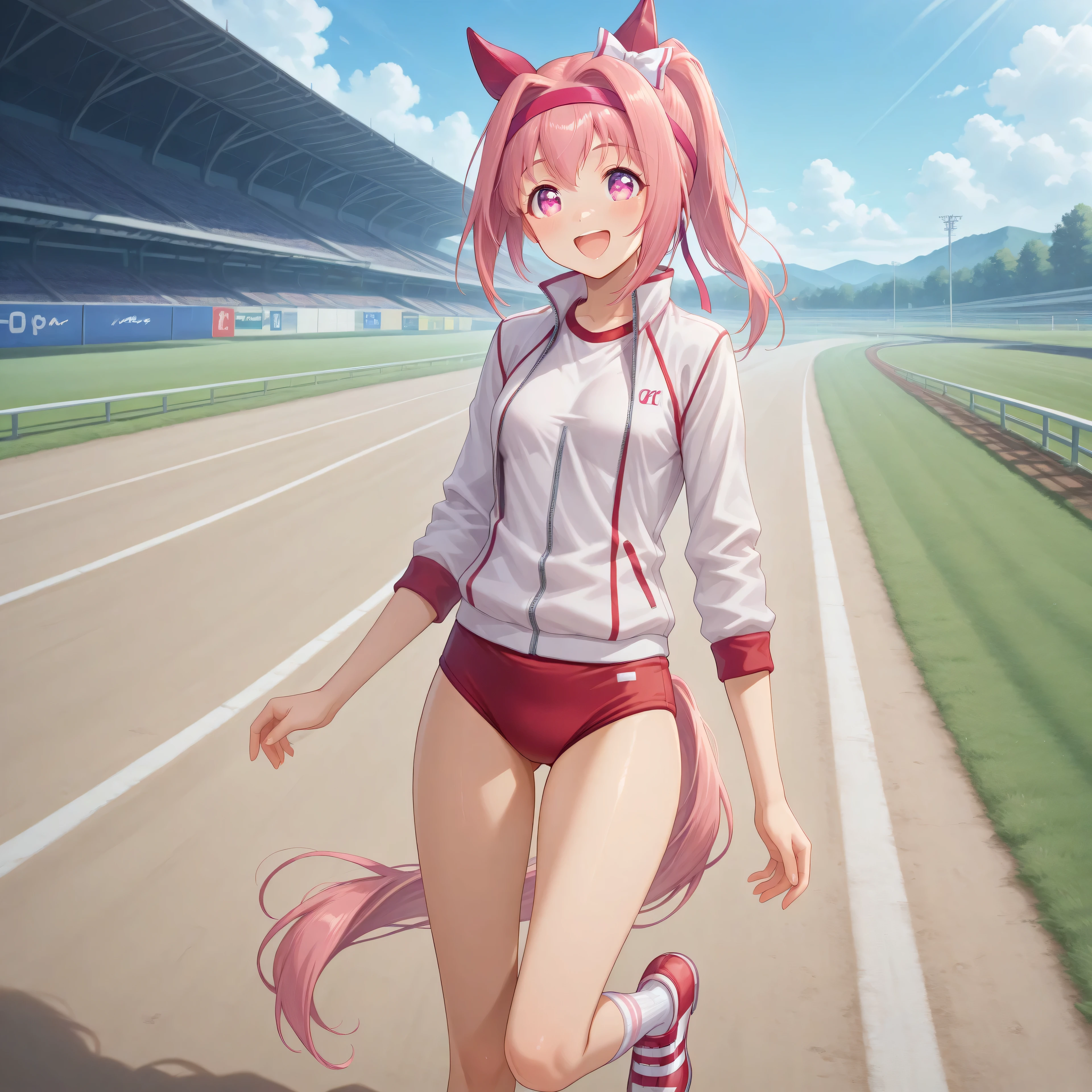anime, lazypos, masterpiece, best quality, amazing quality, at racetrack, 1girl, solo, alone, haru urara, ponytail, hair bow, white bow, headband, animal ears, horse ears, horse girl, ear covers, symbol in eye, flower in eye, horse tail pink hair, pink eyes, hair between eyes, small breasts, tracen training jacket, red buruma, red sneakers, zip fastener, gym shirt, long sleeves,
