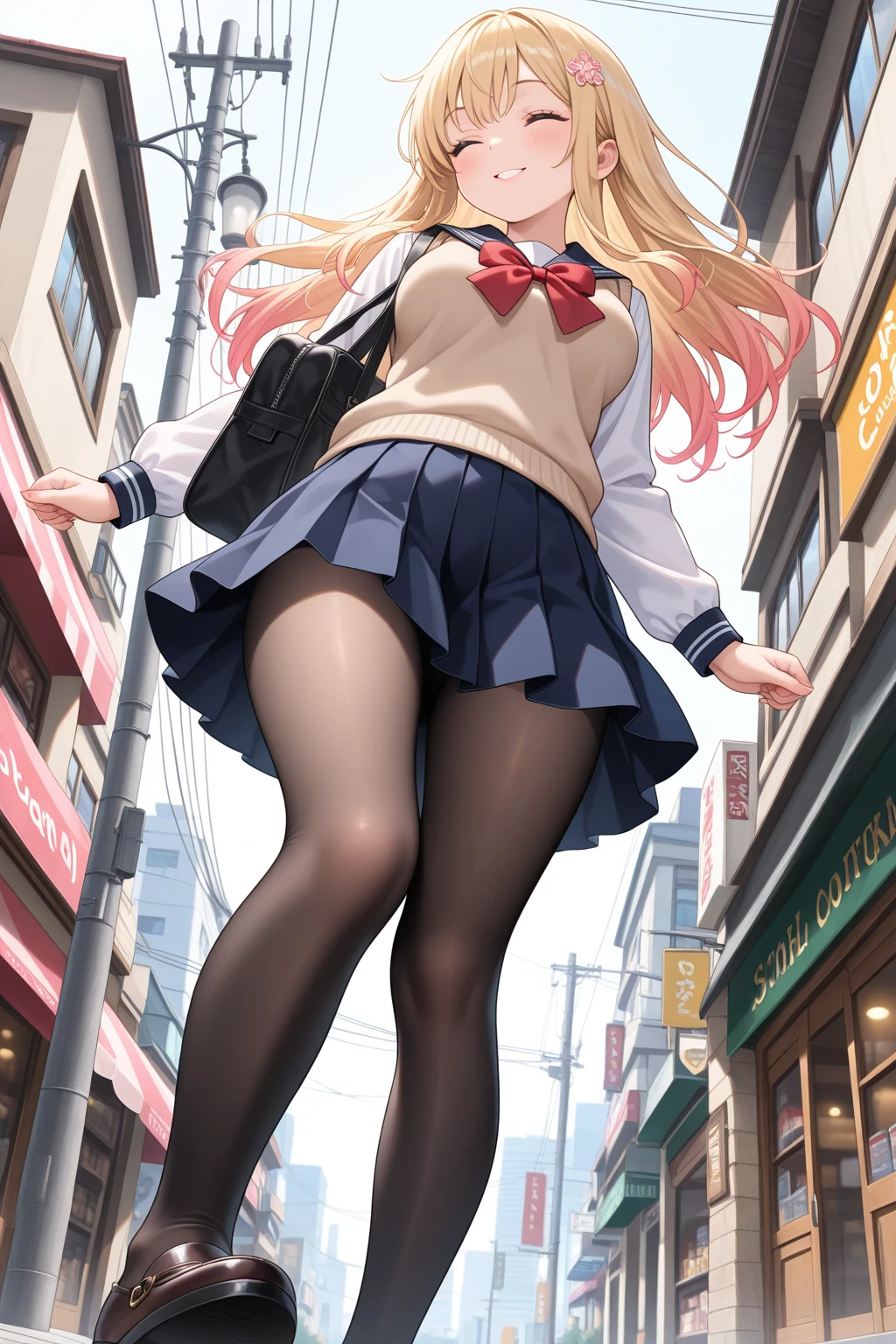 masterpiece, best quality, cityscape, day, light blush, loli, hair over shoulder, blonde hair, girl, green eyes, huge breasts, ankle socks, collar, yokozuwari, comic, seifuku, with thin legs