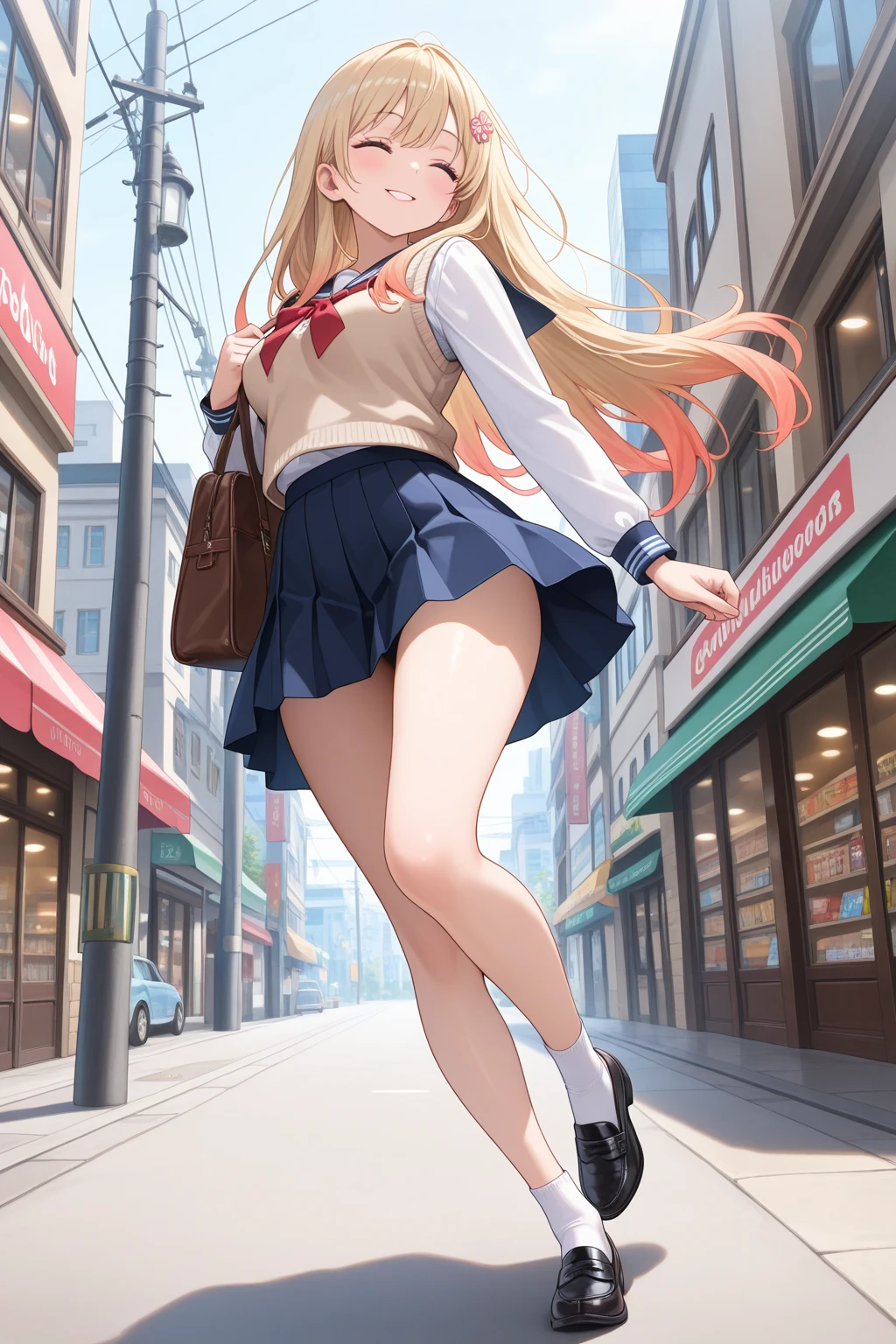table top, highest quality, High resolution, Arsna, long hair, brown hair, Braid, brown eyes,white shirt,red skirt, cowboy shot,pleated skirt,red vest,close your mouth,light smile, town,city,fantasy,walk,mini skirt,beautiful breasts,,NSFW,Very embarrassing panic smile, (The wind flipped my skirt and exposed my butt.........................、touch your butt with both hands、pink floral lace panties)、