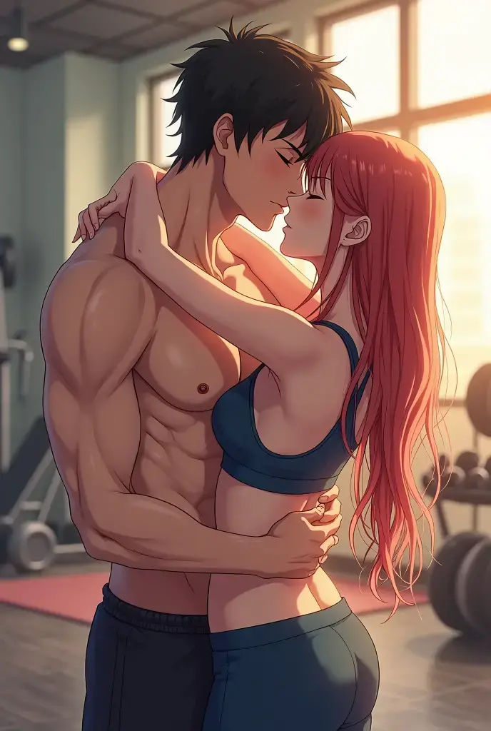 1girl, 1man, duo, a man with long red hair and green eyes and freckles getting force to mate with a girl with black hair, man get pinned by a girl, kissing, saliva, Drooling, blushed, pinned into the wall, hair pulling, aroused, shirtless man, man wearing sweat pants, girl wearing sport bra, 