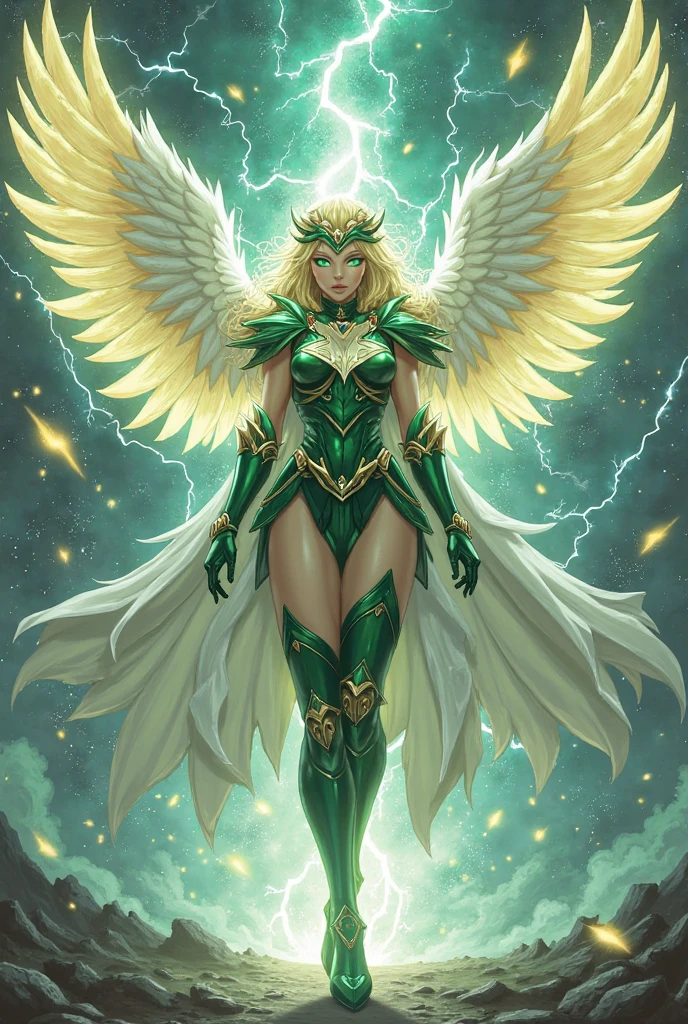 (best quality:1.2,comics art:1.1,vivid colors,victorius scene,beautiful vintage angel warrior woman with very big wings holding one sword,((emerald green dress with gold embroid details)),little breasts, determined face expression,(((corpo de frente para o observador))),storm and lightning background,dramatic lighting)
