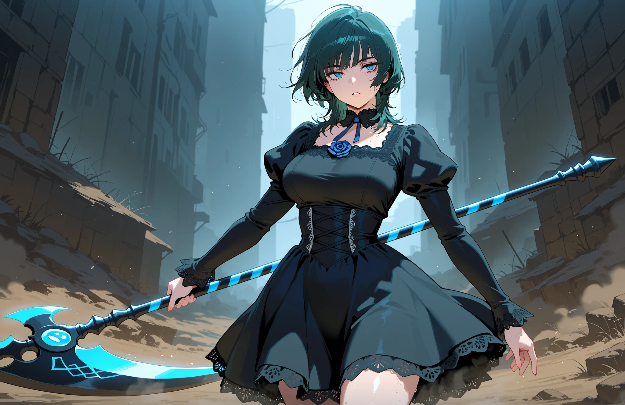 ((highest quality, masterpiece, 4k, finely detailed, detailed eyes, detailed face, gelbooru, pixiv)), warm lighting, ((highest quality, masterpiece, 4k, finely detailed, detailed eyes, detailed face, gelbooru, pixiv)), warm lighting, ((solo)), 1 woman, adult woman, mature woman, wide hips, seductive, ((two demon horns)), ((very sharp eye shape, dark mascara, steel blue eye color)), (((green haircolor, shaggy hair, bob haircut)), looking at viewer, mean expression, ((modern dress, dark black color)), dominant pose, ((pointy ears)), ((modern setting)), standing on top of hill, castle in the background