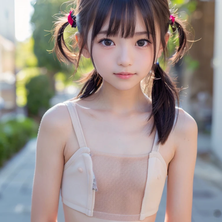 Japanese,Beautiful girl at 6 years old:1.85,Baby Face:1.85、Ultra-flat chest:1.85、Ultra short height、An innocent smile,cute,Primary school students,Private elementary school maid uniform,Summer clothes、clavicle、Skirt flip:1.85、Nipples