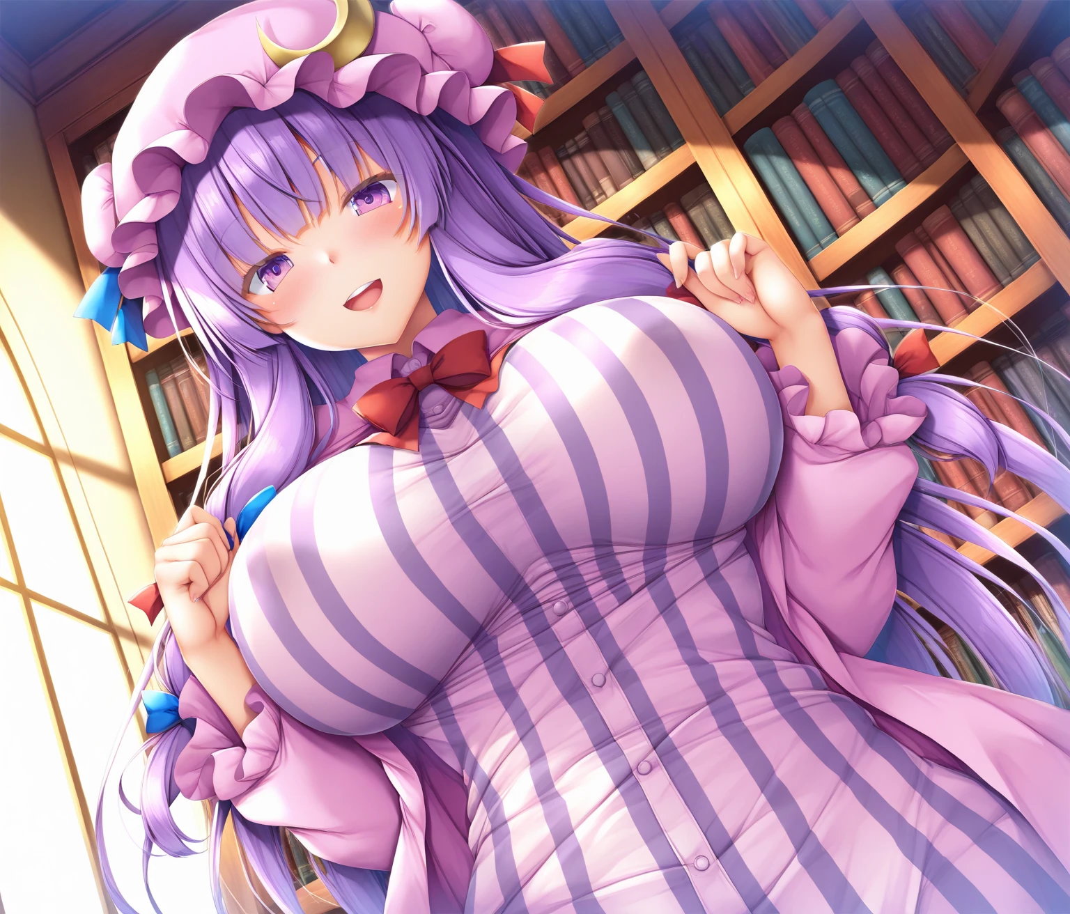 High resolution、(masterpiece)、best quality、(perfect anatomy)、very detailed, patchouli knowledge,  striped_dress, 垂直-striped_dress, purple hair, hat with frills, white hat, Oriental Project, Library,  big breasts, I can see the cleavage, smile, embarrassing, machine, sit on a chair, ((Chest up up)), ((rest one&#39;s chin on one&#39;s chin)), ((machineに肘を乗せる)), ((lean forward)),  