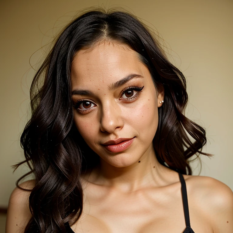 Female, 26 years old, 5'10", wavy black hair falling over her shoulders, expressive green eyes with long eyelashes, oval face with delicate freckles on her nose, plump red lips, she wears an elegant navy blue dress
