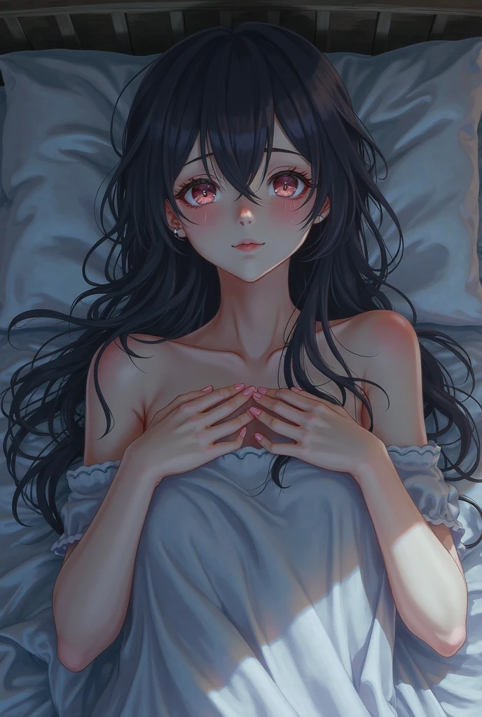 Anime girl with red eyes and long black hair in bed without clothes