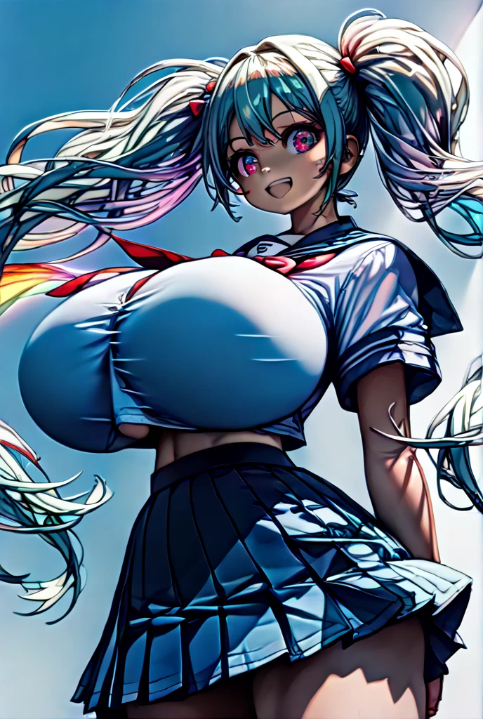 masterpiece sidelighting,masterpiece,best quality,detailed,high resolution illustration,
1girl, full body, looking at viewer, sky blue hair, pink eyes,short skirt, ribbon, (NSFW), huge breasts,