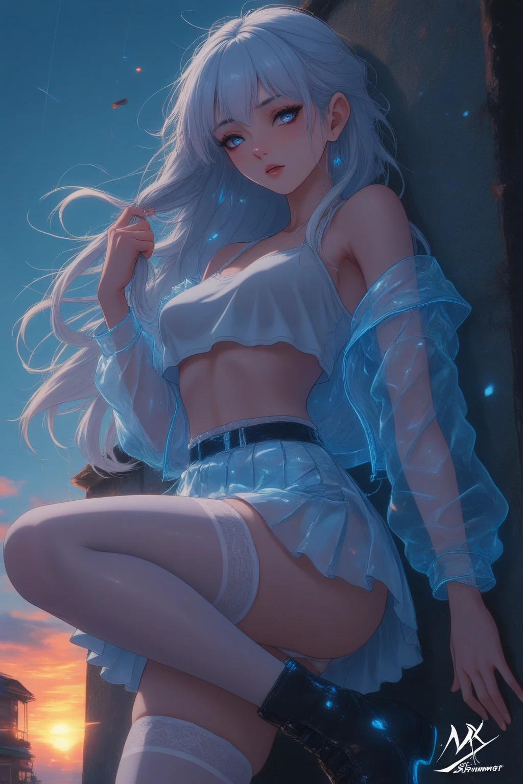 realistic, high resolution, 1 woman, white wavy hair, Korea, Heterochromic eyes, Small mole under the eye, loose white shirt, skinny denim shorts, big breasts, thigh, Visible masterpiece underwear, realism