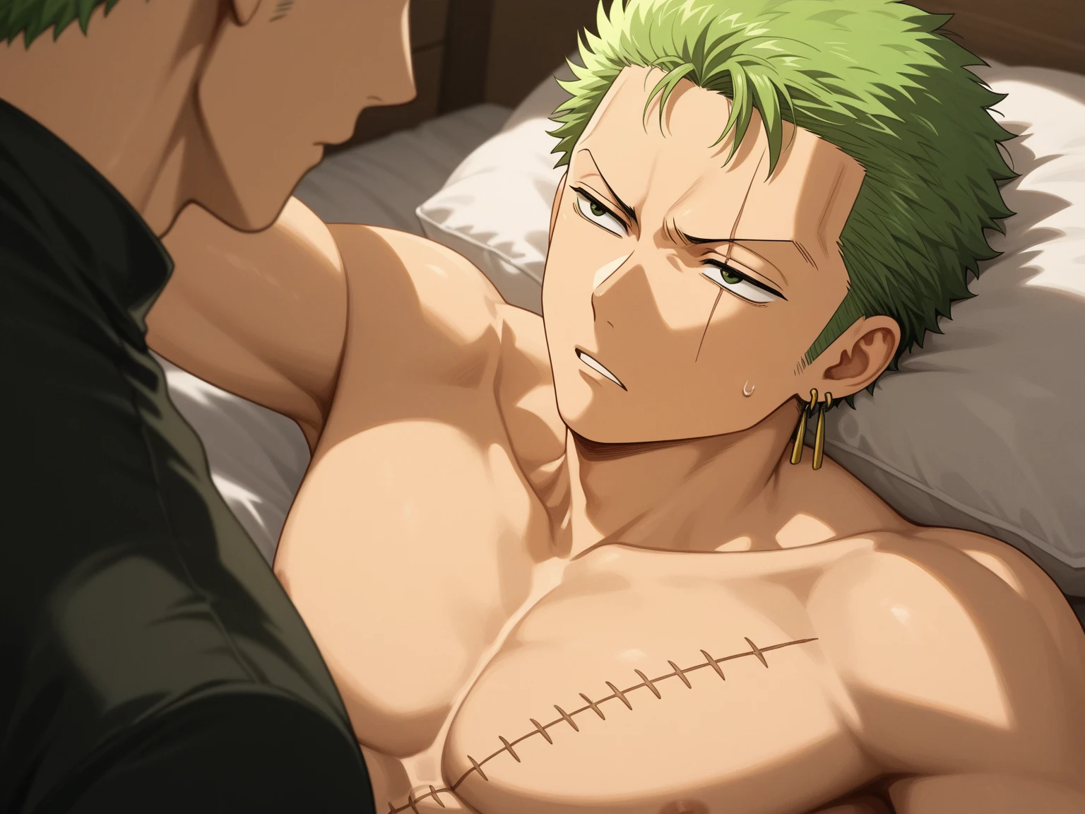 Roronoa zoro lying on a bed nude, penis.