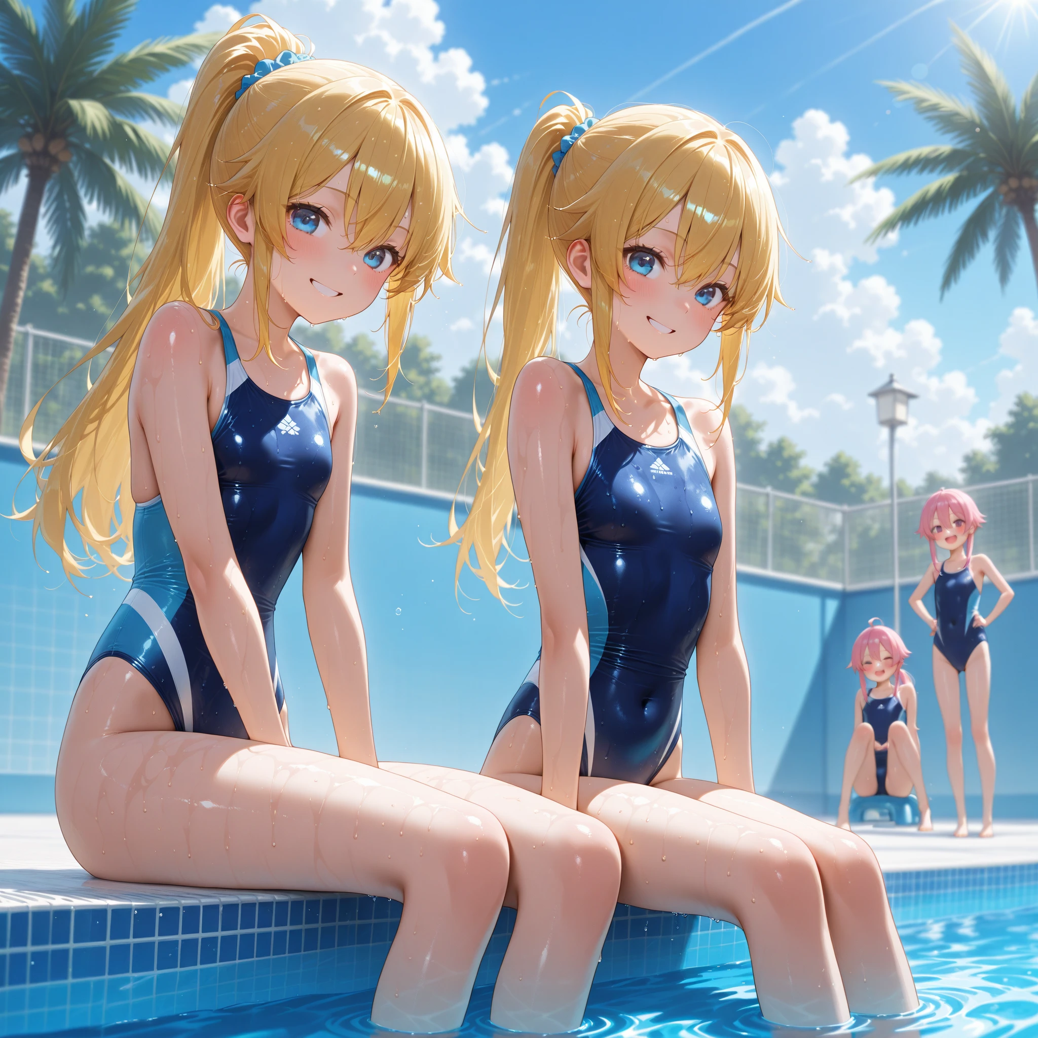 In a Lillie pond a waternympf with a small blond midget German spitz swimming under water swim gold fish, Pixar style