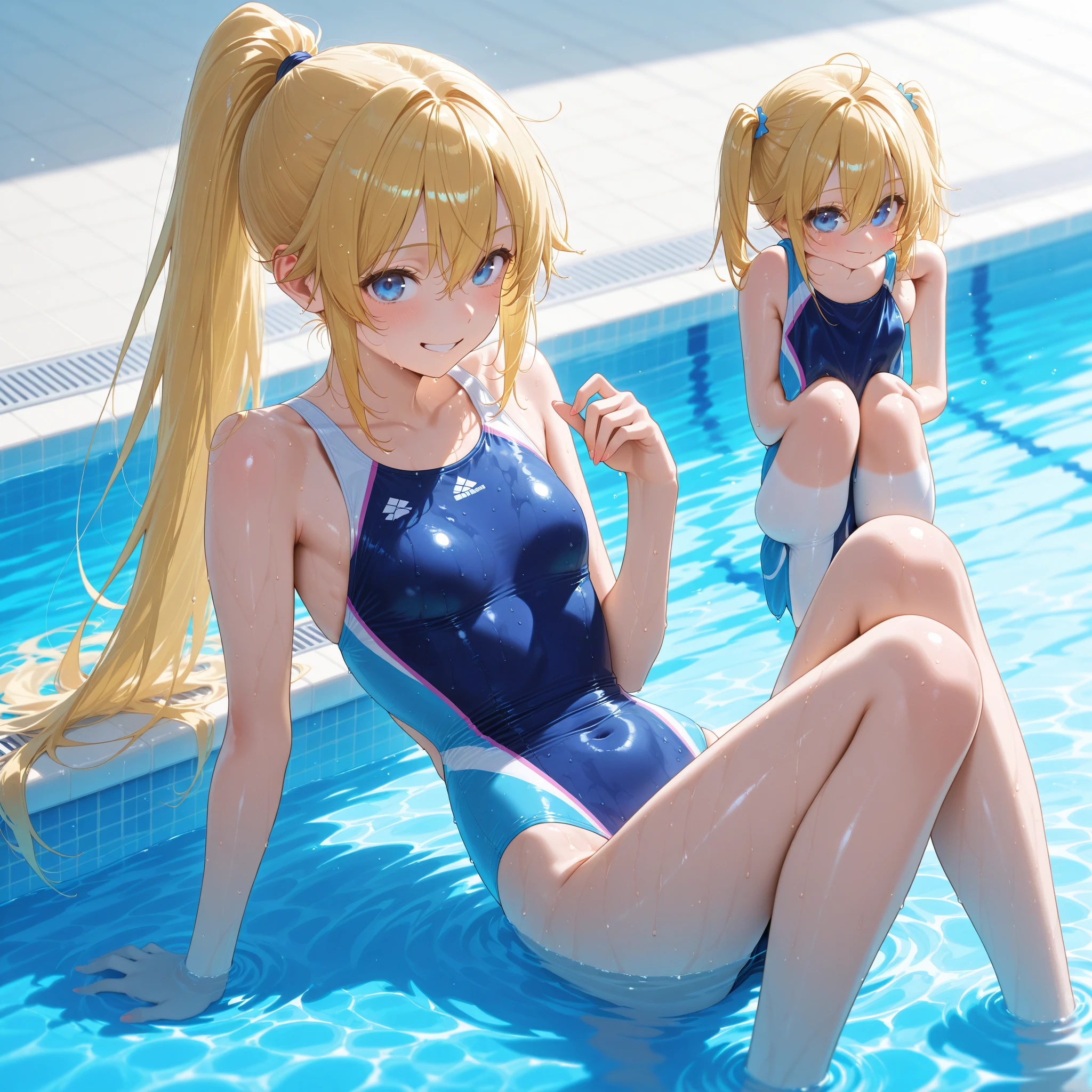 top-quality, masterpiece, best quality, detailed, (((teenage girl))), embarrassed, shy, blush, ((highly detailed beautiful face)), delicate girl, delicate face, hair ornament, blonde hair, long hair, ((wet hair)), glossy lips, ((small breasts)), nice hips, flat belly, slim waist, define collarbone, (((hair pussy))), (hard small nipples), (((transparent lignt colored one piece swimsuit))), (((wet swimsuit))), sexy pose, cinematic shadow, indoor pool, ((sitting by the pool)), (((spreading legs))), feet in the water , swiming atmosphere
