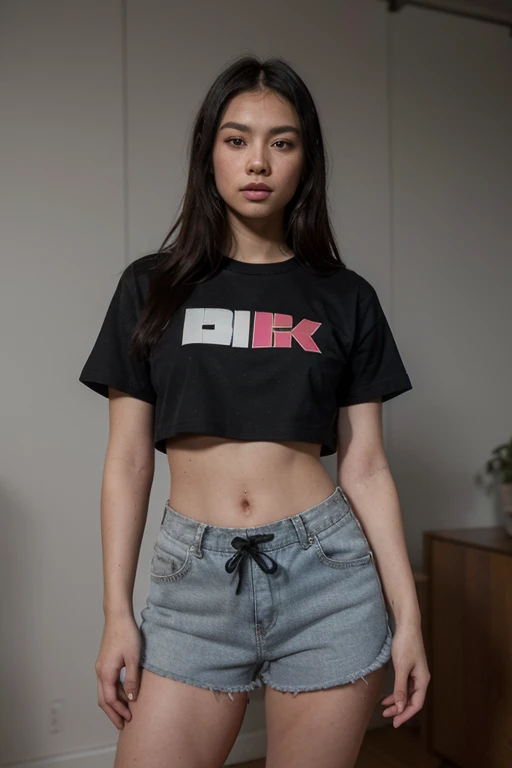 unreal engine:1.4,Ultra-realistic CG K, photorealistic:1.4, skin texture:1.4, masterpiece:1.4,Beautiful selena gomez wearing a t-shirt with the text "Blackbird" and no pants, thong on the bed