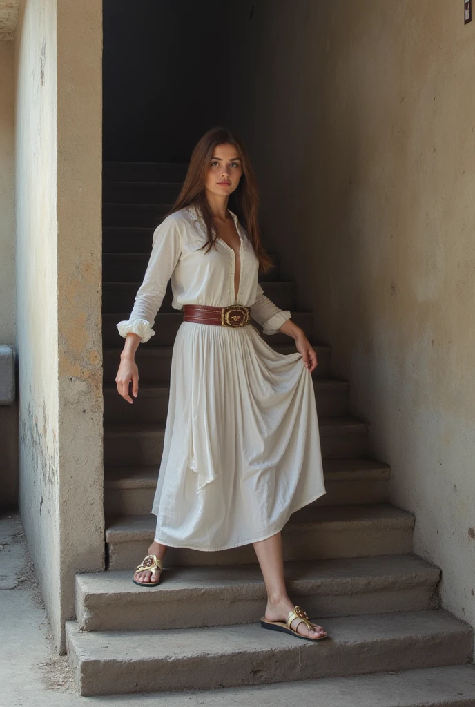 Documentary photo of a gorgeous 50 years old redhead woman goes down the stairs in a alley of Matera, (beautiful face:1.3), real skin pores, skin imperfections, perfect face. Long loose hair. (1woman), She wears the classic long white vestal toga of the ancient Greeks, long white skirt, (long white vestal toga:1.3), bare shoulders, sleeveless, (long white skirt moved by the wind, raised by the wind). Going down the steps in sassi_di_matera. Necklace and earrings, slightly open mouth, moles on skin. The wind lifts her toga showing off her panties. Upskirt in bright sunny day. High-heeled shoes. Partially visible vulva behind panties. Looking at viewer smiling, perfect beautiful face, red slightly separated lips. Photorealistic solo woman. Partially visible hairy genitals. Clear blue cloudy sky. Frontal view. Photorealistic image. Realistic hands. [The character is surrounded by mist, evoking a mysterious and eerie atmosphere. The lighting is dark and atmospheric, with smoke adding a touch of sinister ambiance. Best quality image, HDR enhancement, showcasing the utmost level of detail and realism, full body shot:1.5]. [8K, Best Quality, Ultra High Resolution, (highly detailed CG unity 8k wallpaper), (best photo), (best shadows), isometric 3D, octane rendering, ray tracing, highly detailed, (Best quality, 4K, 8k:1.2), absurdity, ultra detailed, (realistic, photorealistic, photorealistic:1.37), complex parts, HDR, (complex parts:1.12), (hyper detailed, hyper realistic, Soft lighting, spicy:1.2), (complex parts, Hyper detailed:1.15). Blurred foreground. (backlit), masterpiece, high quality, brightness, chromatic aberration, foggy smoke, shadows, contrast, clear sky, (warm hue, warm tone), high details, natural reflections].
