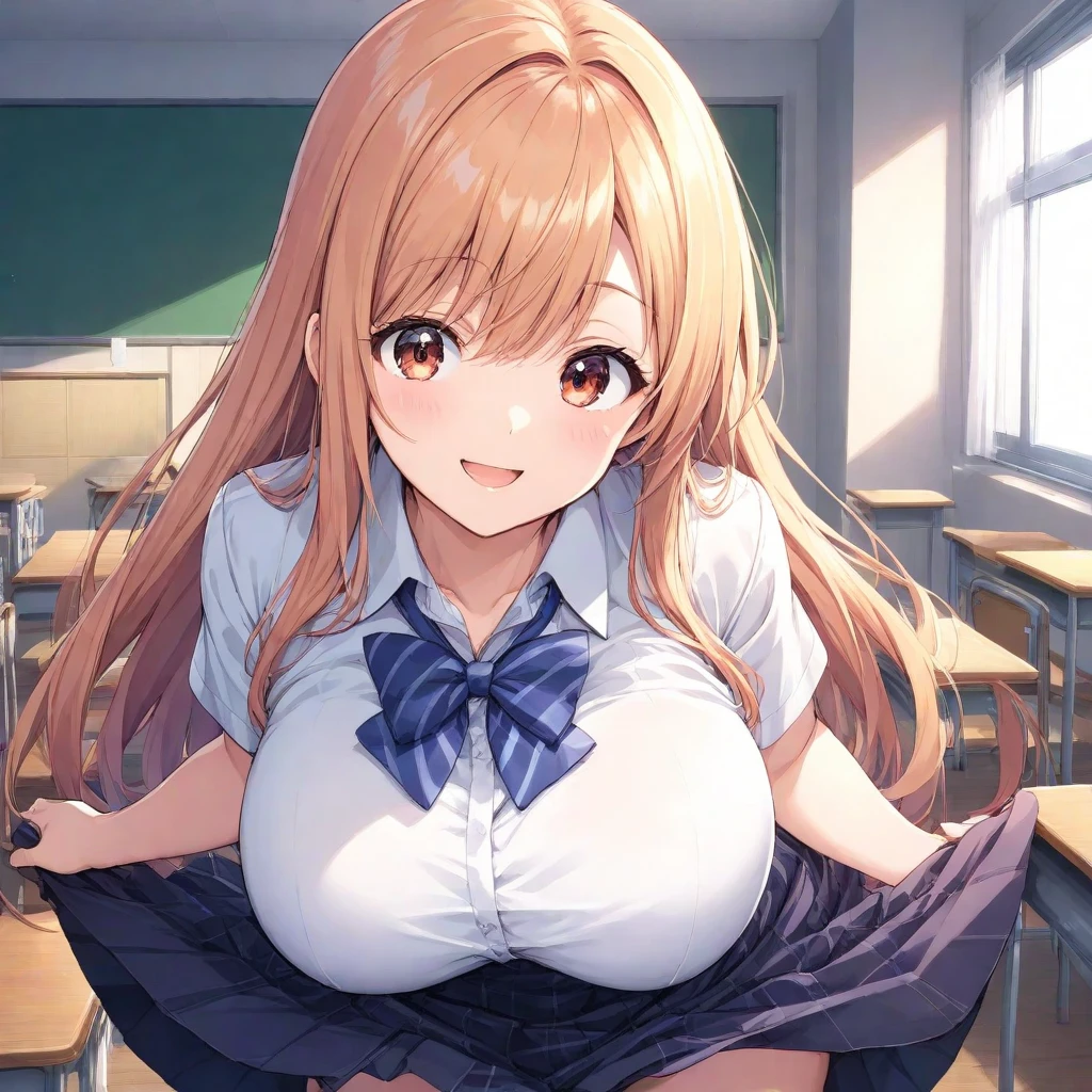 perfect face, detailed face, beautiful hair, three girls, 16yo, medium sized breasts, firm chest, very cute face, young face, female idol, nude, school uniform, seifuku, Perfect Hip, round hips, (Exposing the pubic area:1.2), smile shyly, (blush:1.2), stare at the viewer with a seductive gaze, (in crowded classroom:1.2),