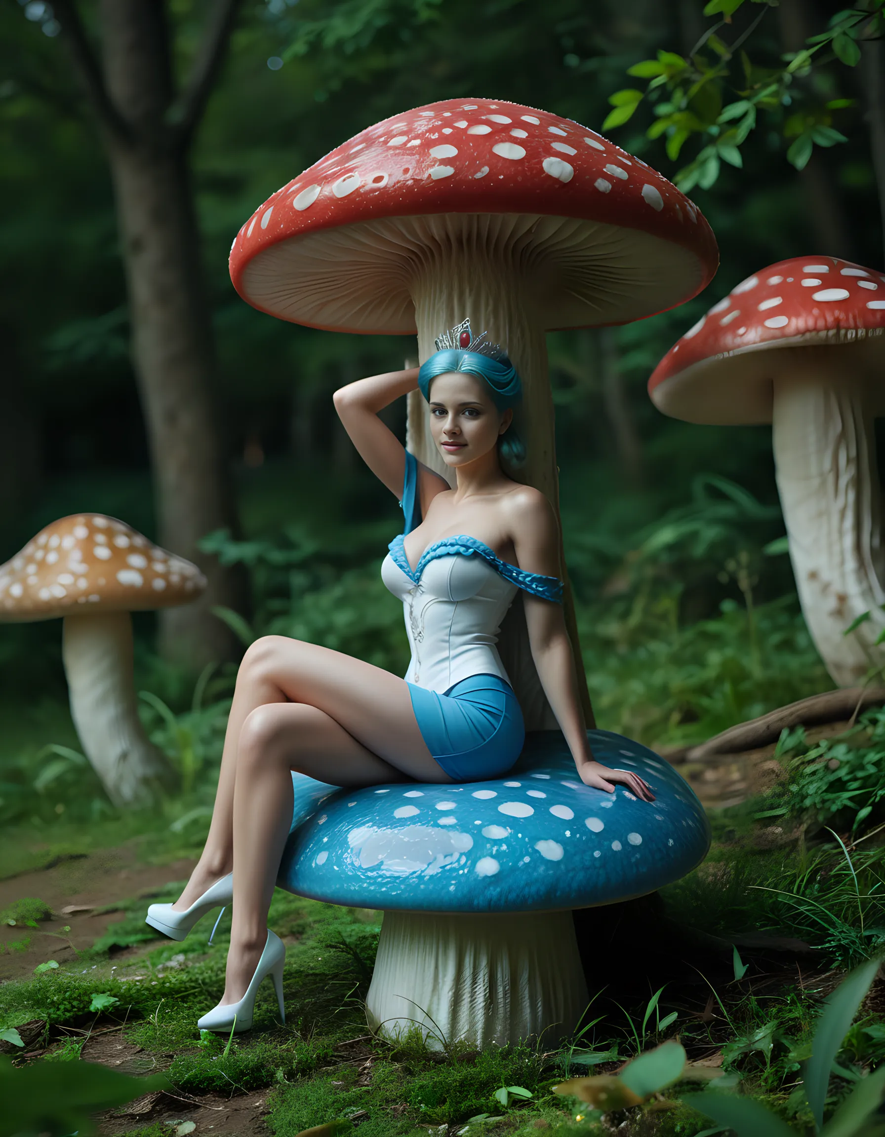 1girl, sitting on mushroom, (navel-deep plunging neckline clothing:1.4), detailed face, looking at viewer, detailed fairy wing embellishment, giant mushroom, mushroom garden, modern fantasy garden, surrounded by flowers, vibrant, colorful, flowers and bush, viscous liquid, cinematic lighting, gigantic breasts,