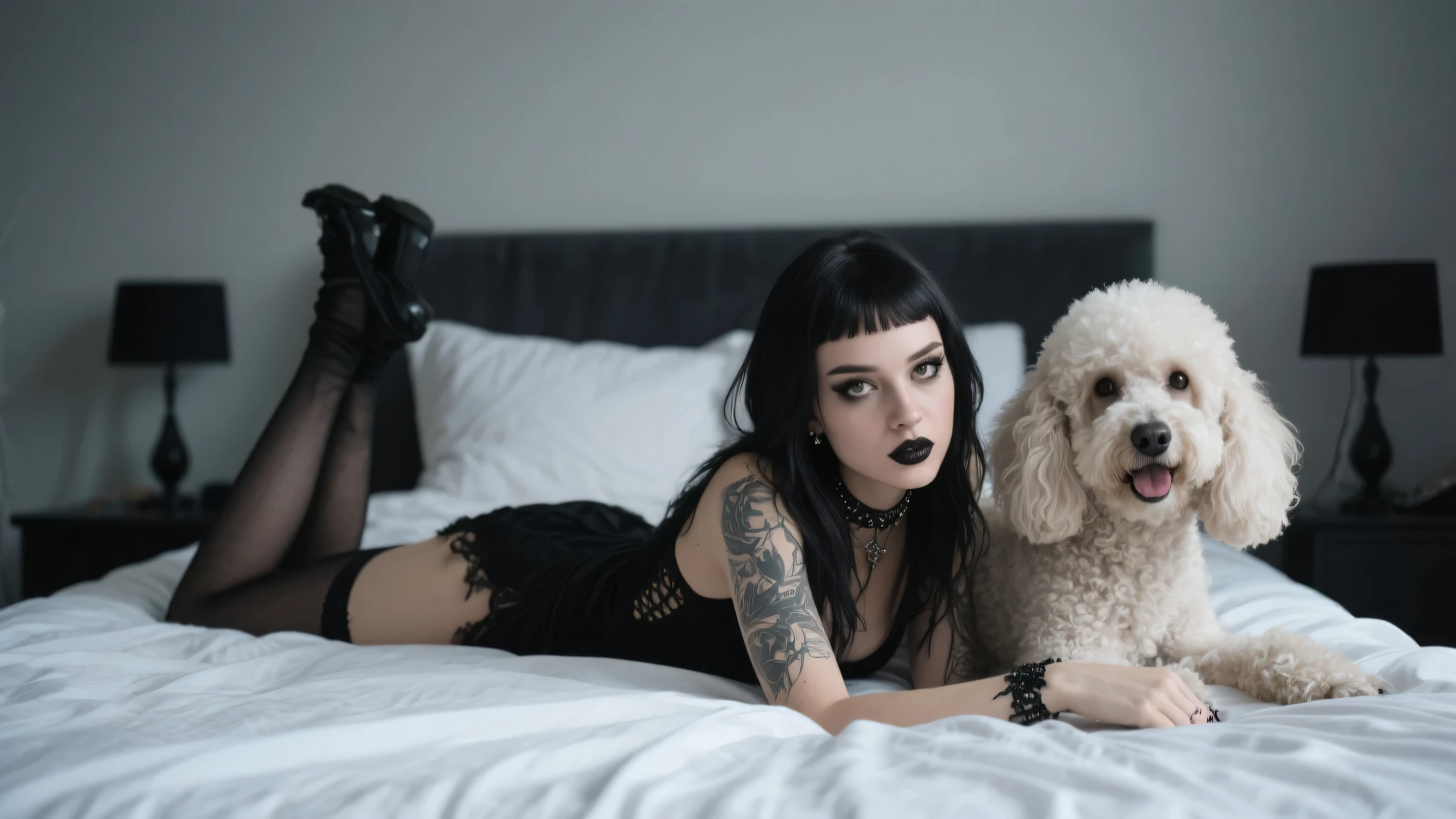 Arafed woman sitting on a sofa with a dog and a tattoo on her leg., 27 - year - old gothic girl, very very low quality image, 27 - year - old anime gothic girl, emo girl and her cat, gothic girl, gothic horror vibes, mona lisa as a gothic girl, Gothic style, gothic atmosphere, gothic aesthetic