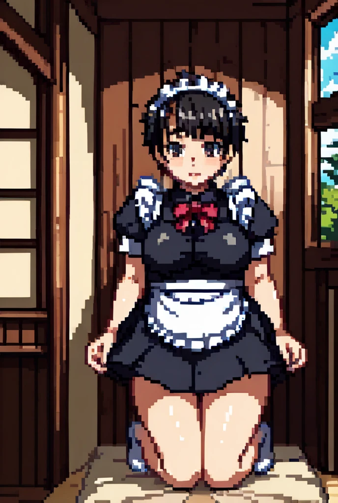 (masterpiece, official art), 1girls, solo, shortstack, thick, curvy, curvaceous, plump, goddess, black hair, green eyes, long hair, ponytail, (nidalee, french maid, maid dress, dark skin), (closeup), (huge breasts), looking at viewer, (upper body), smile, seductive, alluring attire, (open mouth, tongue out, twisted eyes)