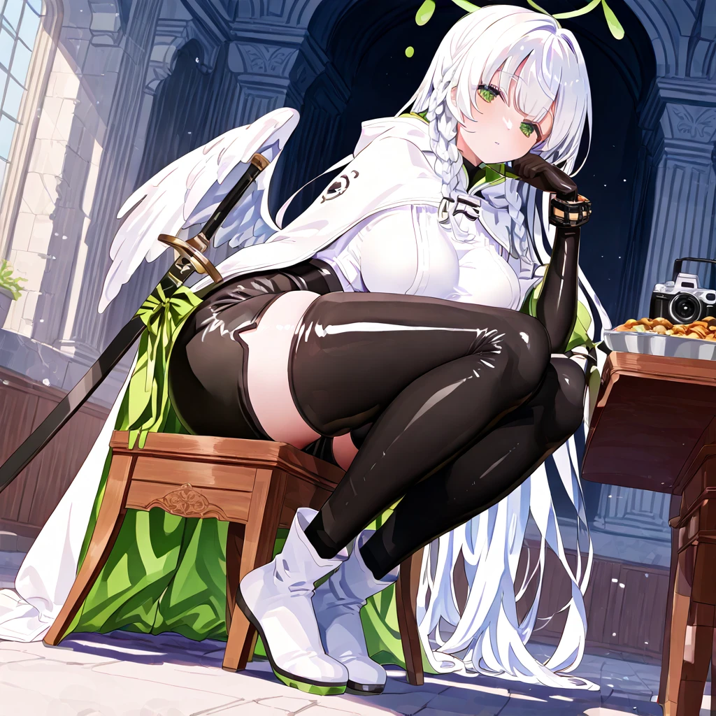 ((highest quality)),High resolution,Sharp focus,(Super detailed,Very detailed),{best illustration},
(Very detailed CG unity 8k wallpaper),(((Vibrant colors))),Anime Style,
gleaming skin,Natural skin texture 鮮明な詳細,
(Realistic eyes, Natural skin texture, Realistic facial details),
1 girl, Beautiful and elaborate face, Perfect Eyes,((Silver Hair)),Long Hair,Echidna, Deep purple eyes,
Butterfly Hair Ornament, (Colored eyelashes:1.1), eye shadow,Red pink lips,Big and ample breasts,Camel Toe,
(Flying debris, 超High resolution),(((Black and Green Theme))),Wear an iridescent aura,
Invisible Light, Amazing shine, Neon green glow, The colors of another world,
Bright colors, Ghostly Effects,Surreal Landscape,shining butterflies, Black T-back see-through underwear,
Arrogant look, Domineering smile,Long sleeve,Black long dress,Capelet,Sunlight filtering through the trees in a greenhouse,A room filled with plants,table,Ornate white chair,
Teacups and saucers,(vagina focus), (from below),(tableの上), open legs,((urination:1.5)),(Ecstatic expression), Open your mouth,Sticking out tongue,
skirt lift by myself, bottomless,ティーカップを狙って大量にurinationする,(Pee in a teacup:1.5),
Pee running down her legs, (Pee Pool:1.5),tableから垂れるおしっこ,squatting, (spread legs),
A lot of pee like a fountain,