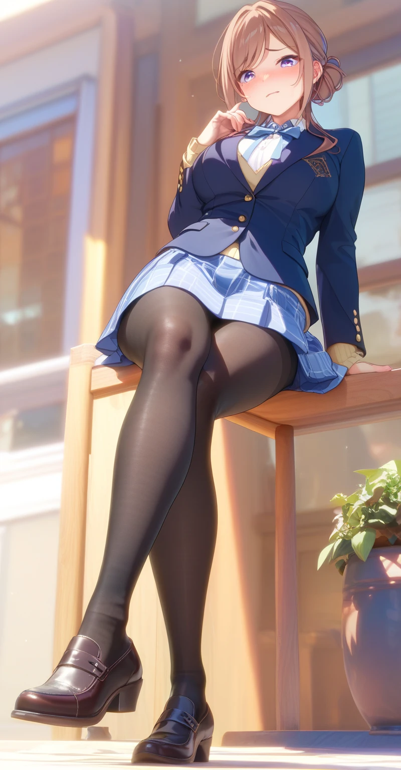 show entire body, feet in view, realistic, gorgeous 16y.o. light skinned mixed race female, American school uniform, pantyhose, sitting on floor, legs open, huge windows, sunny day, cityscape, no shoes